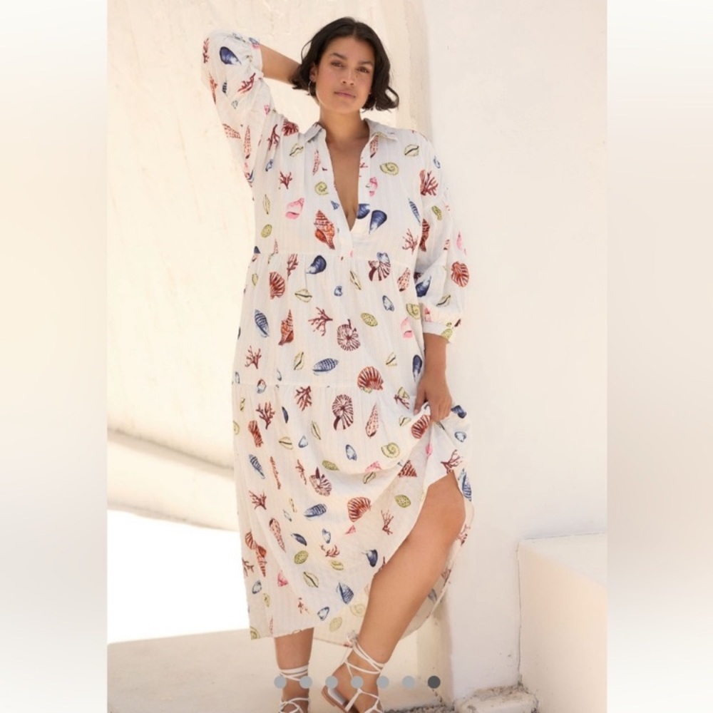 Anthropologie Silver and Blue Maxi Dress with Plunge Neckline and Bishop Sleeves